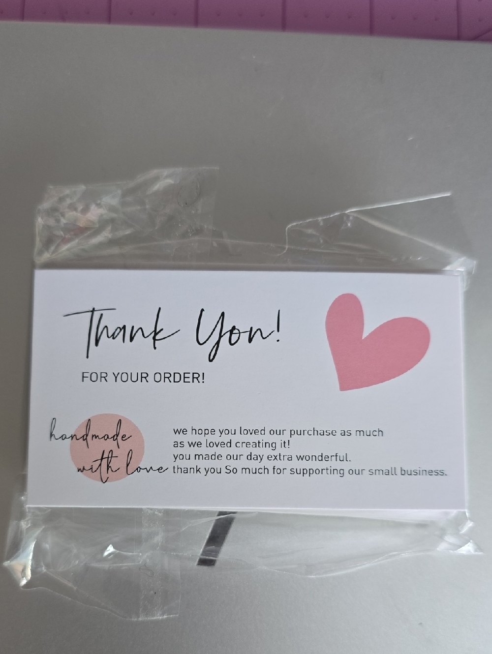 Thank You Card for Handmade Crafts with Pink Heart - Packaged
